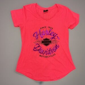 Harley Davidson‎ Motorcycles Graphic T-Shirt Pink V-Neck Short Sleeve